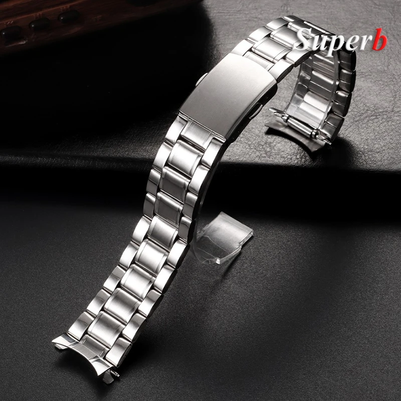 Curved End Stainless Steel Watchband with Folding Buckle - Men's Bracelet