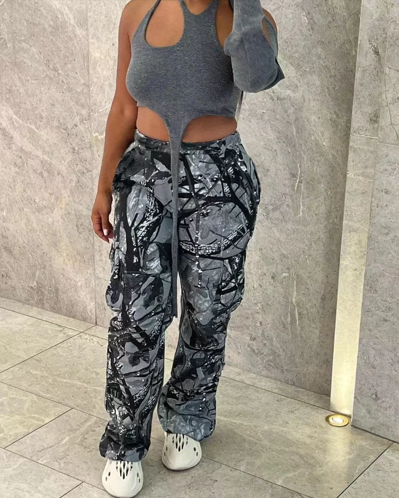 

KEXU Camouflage Print Pants Casual Hiphop Pocket Hight Waist Straight Cargo Pants Women Streetwear Safari Style Trousers