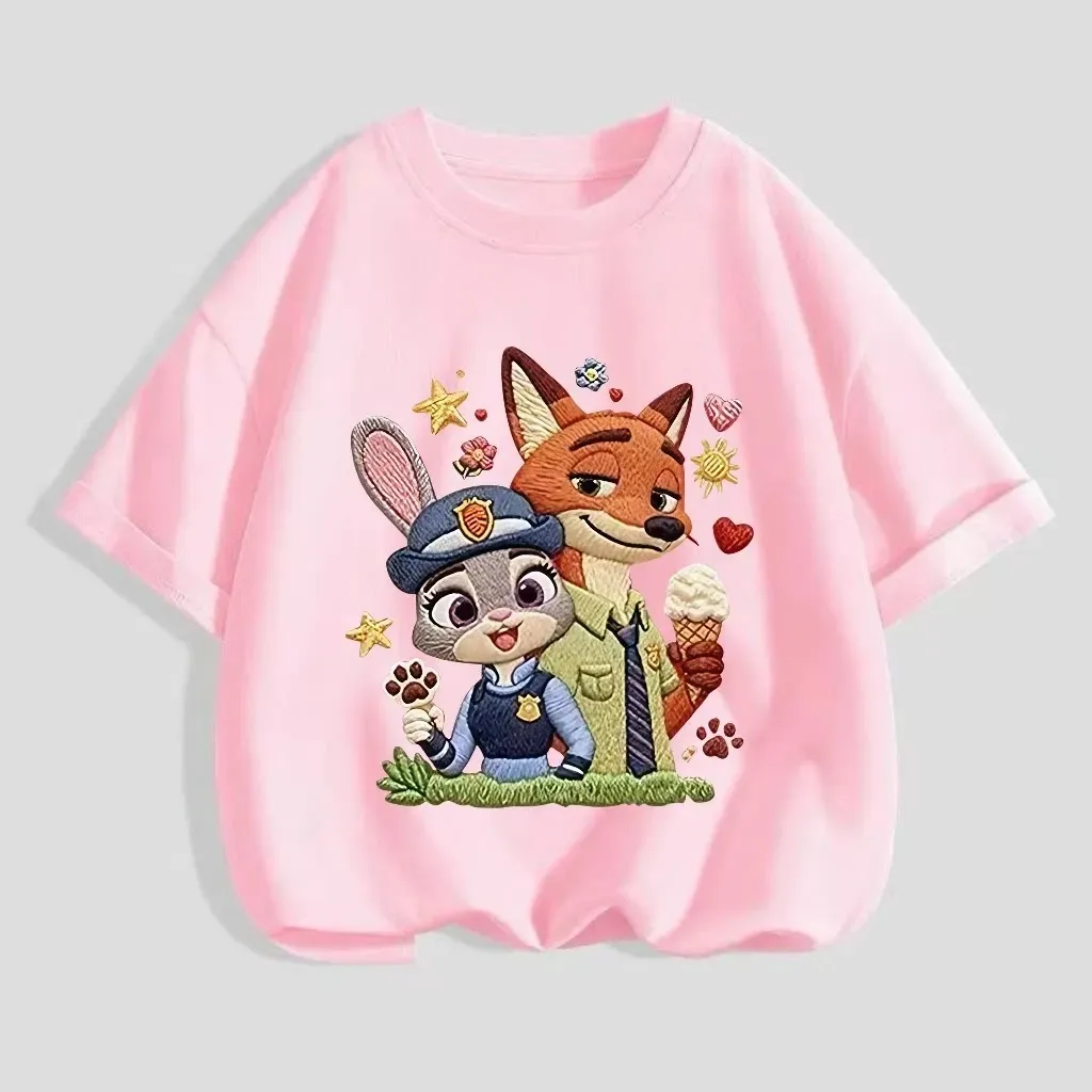 Zootopia Judy Nick 프린트 아동용 면 티셔츠 소녀를위한 다목적 캐주얼 탑 여름 반팔 라운드 넥 소녀 의류