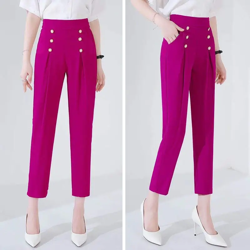 2024 Summer Temperament Commuting Minimalist Fashion High Waisted Button Straight Leg Solid Color Ice Silk Suit Cropped Pants