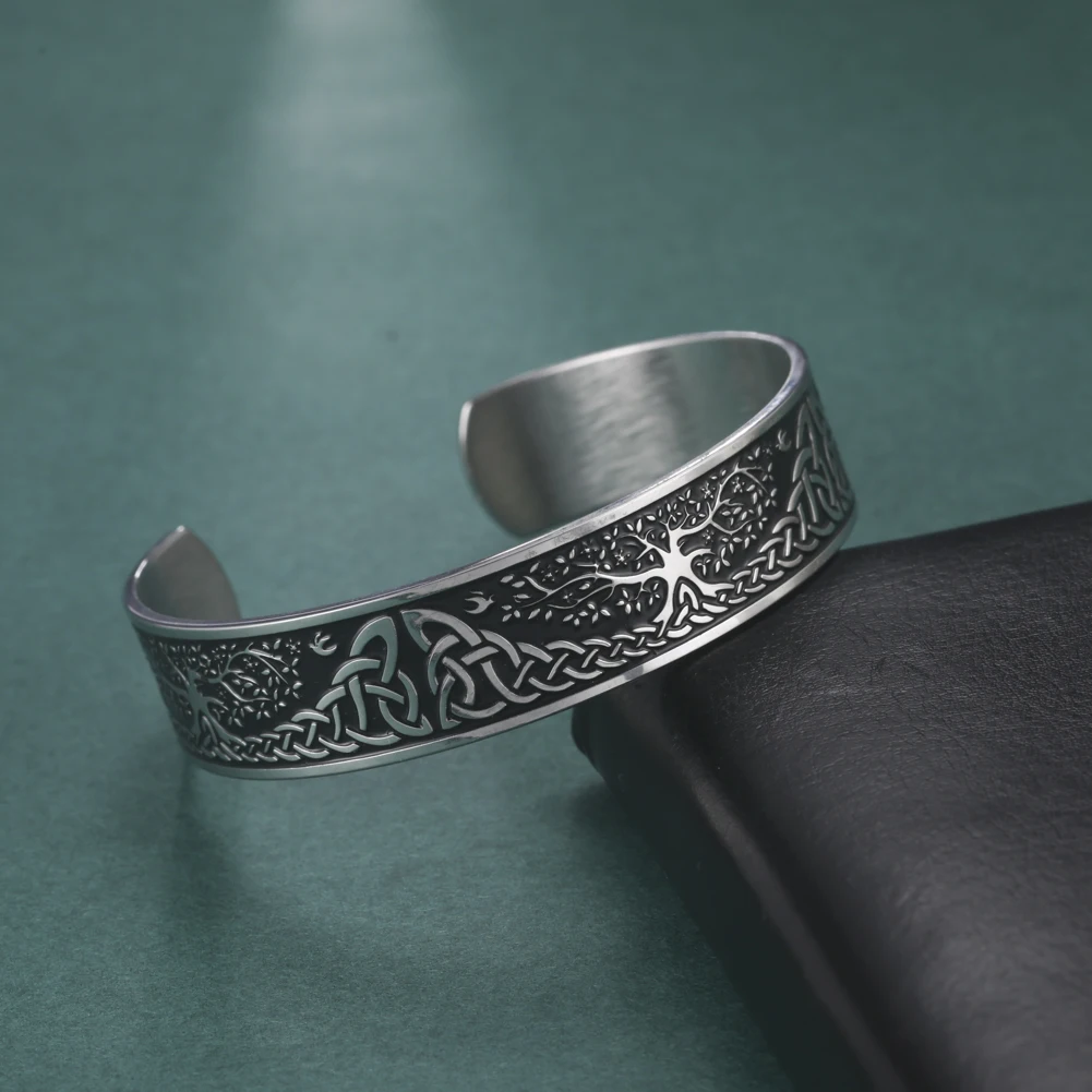 Vassago Stainless Steel Bracelet Yggdrasil World Tree of Life Bangle Viking Celtic Knot Cuff Strap Women's and Men's Bracelet 3
