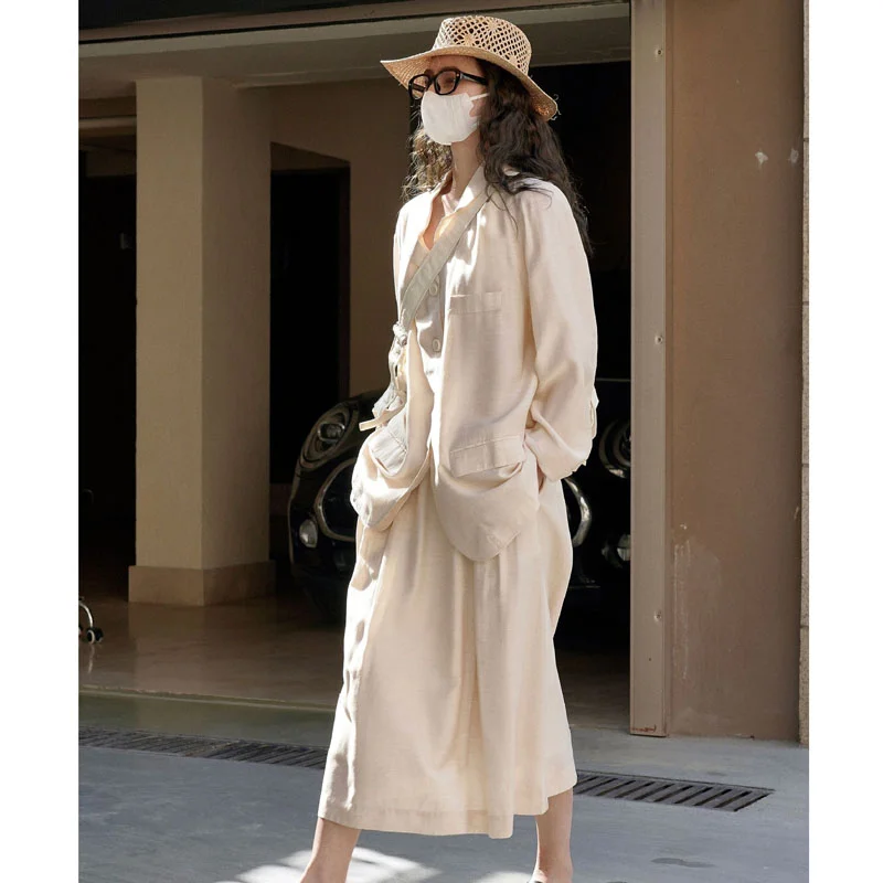 

Summer Thin Suits for Women with Skirt Sun Protection Blazer Sets Viscose Wool Fashion Loose Light Holiday Casual Simple Coats