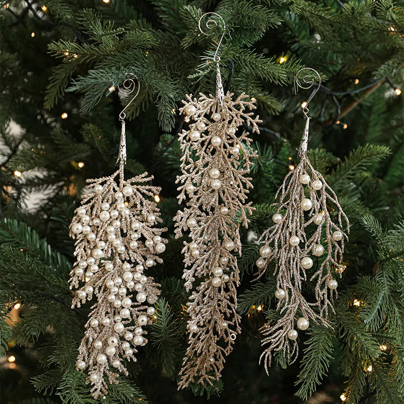Champagne Colour Shaped Pendant Sticky Powder Pearl Plastic Cypress Leaves Christmas Tree Hanging Decorations Christmas Ornament