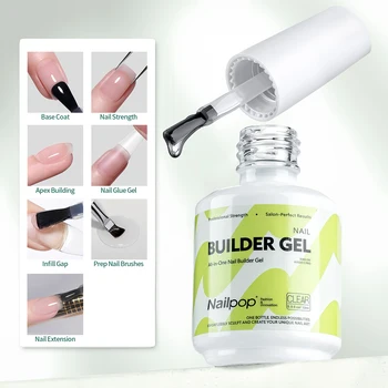 Nailpop Builder Nail Gel 4 Colors Base Coat Strengthener Thickening Extension Rhinestone Glue Gel Polish Brush in Bottle 15ml