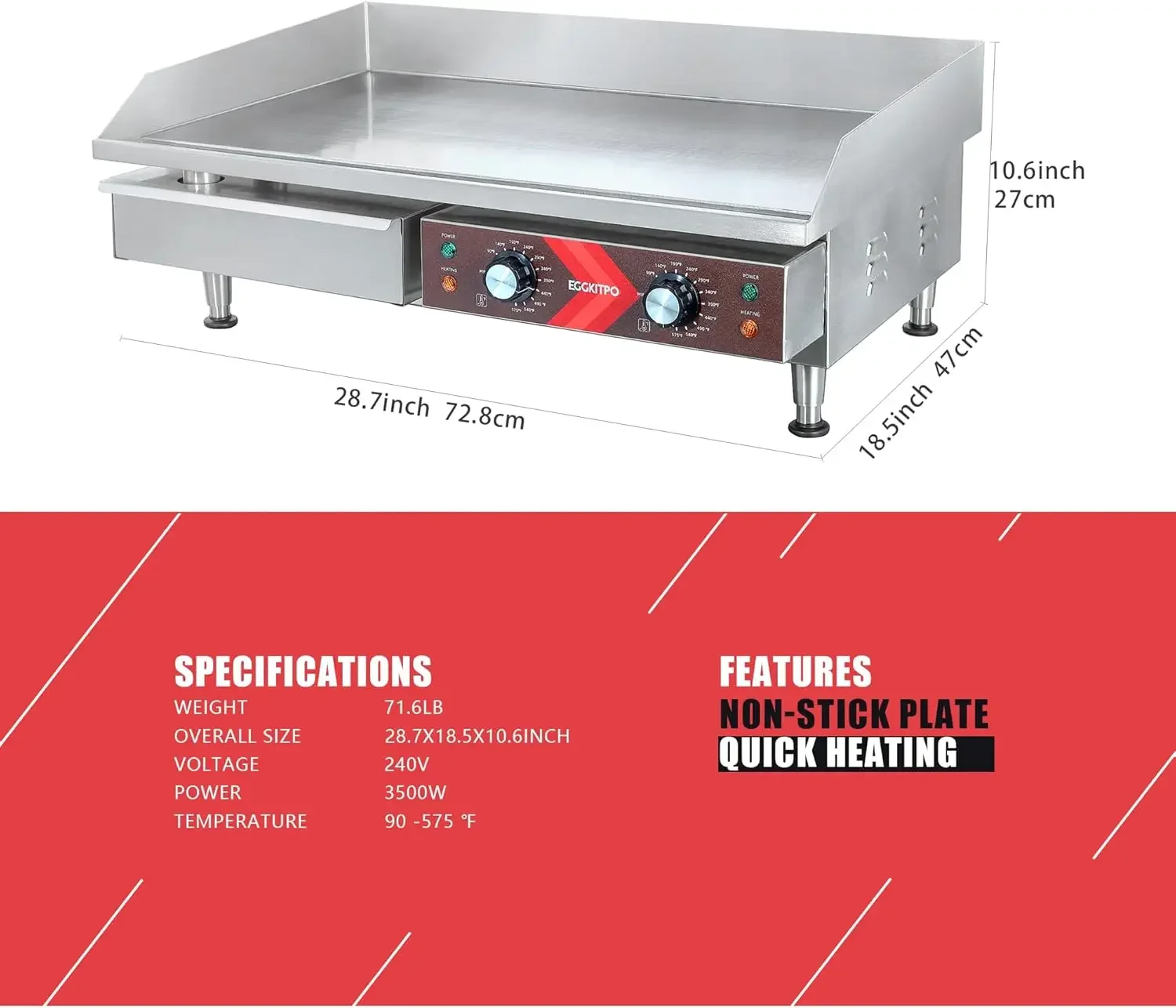 Electric Griddle 29 Inch Large Countertop Griddle Non-Stick Flat Top Grill Stainless Steel Teppanyaki Griddle with Adjustable Te 6