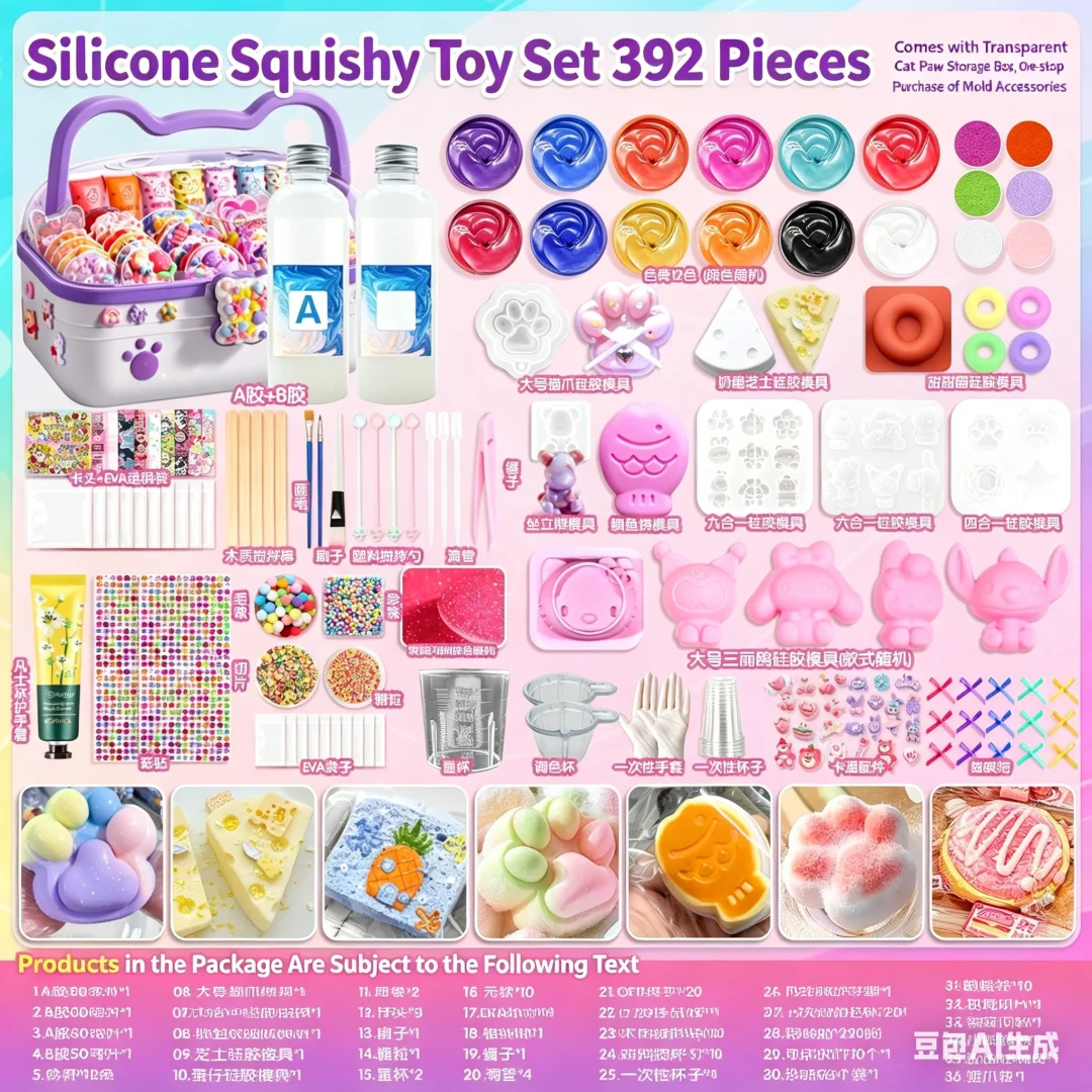 392Pcs DIY Silicone Squishy Kit, Complete AB Glue Mold Set, Handmade Squeeze Toy Making Supplies, Creative Craft Toys for Kids 1