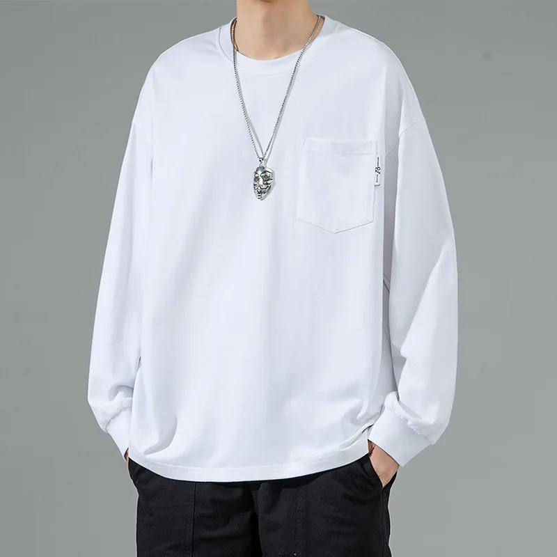 Round neck pure cotton T-shirt Solid color Simple long sleeved Loose casual pocket Rib cuffs hoodies