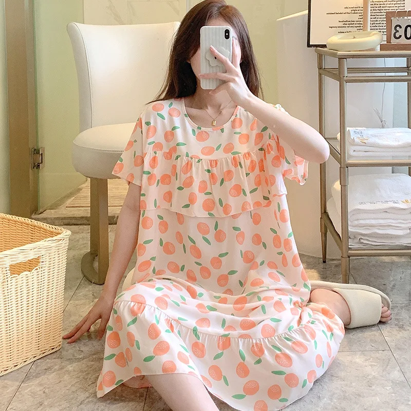 Thin Cotton Silk Nightgown Round Neck Pajamas Loose Home Clothes Print Sleepwear Short Sleeve Dress in Summer Women's Clothing