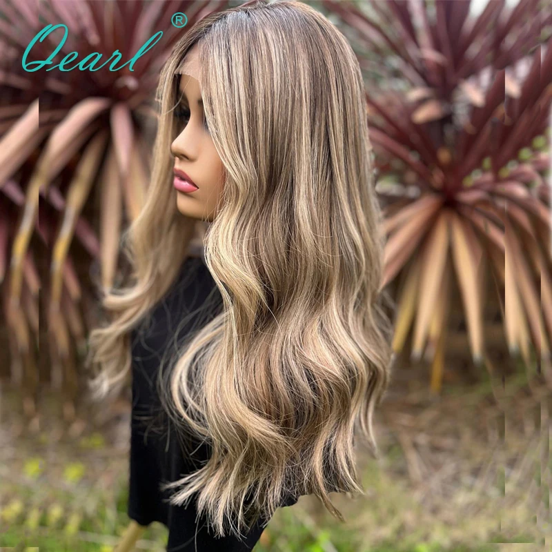 Ash Brown Wig Honey Blonde Highlights 360 Lace Frontal Wigs 28 inch Long Full Lace Wig Loose Wavy Brazilian Human Hair Wig Qearl