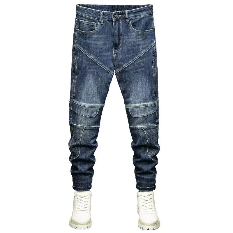 High Street Fashion Men Jeans Retro Blue Stretch Elastic Skinny Fit Ripped Jeans Men Patched Designer Hip Hop Denim Biker Pants