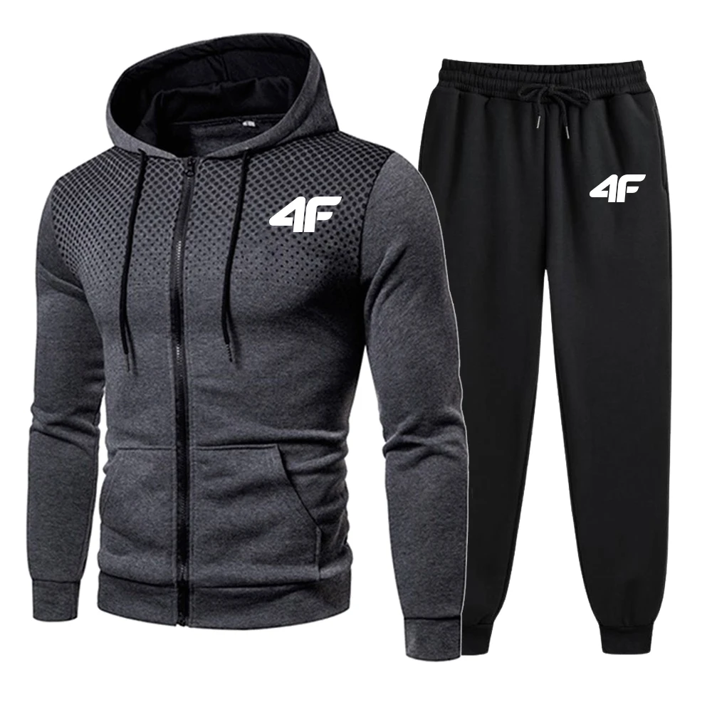 Tracksuit set men's print casual round dot zipper jacket + jogging sweatpants 2 piece set daily hooded sweatshirt