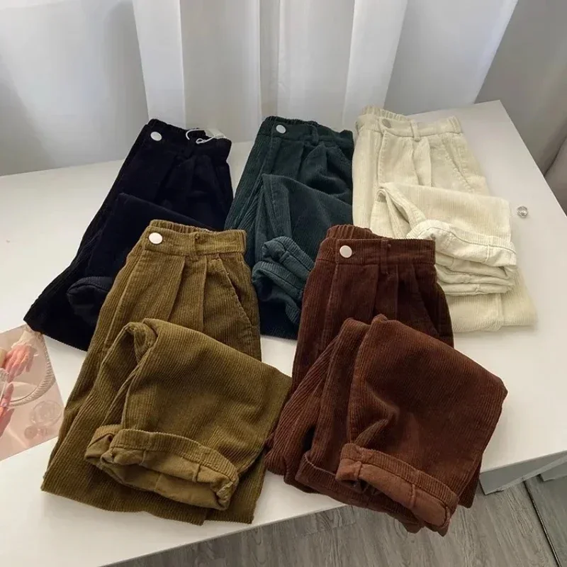 Retro High Waist Corduroy Pants Women Spring Fall Straight Causal Full Length Trousers Korean Fashion All Match Black Pant