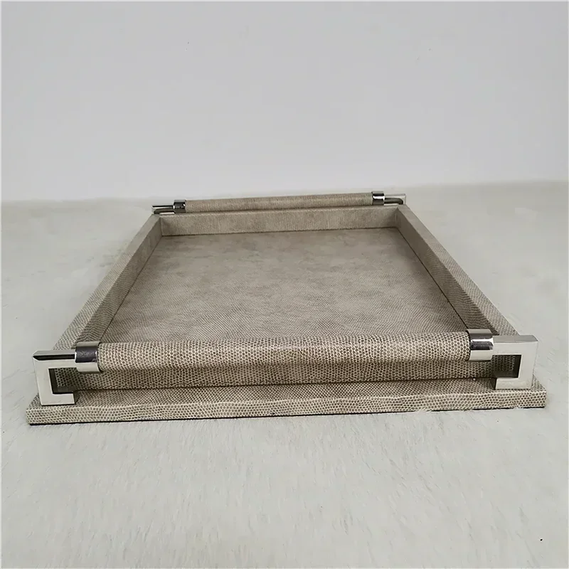 Storage Wooden Tray Leather Plate European Gray Metal Tray Rectangle with Handle Home Hotel Storage Ornaments Serving Plate 6