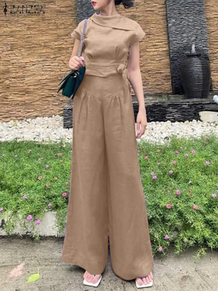 

Summer Women Matching Sets Female Blouse Wide Leg Pants ZANZEA Elegant Cropped Tops Solid Loose Trousers Suit OL Work Outfits