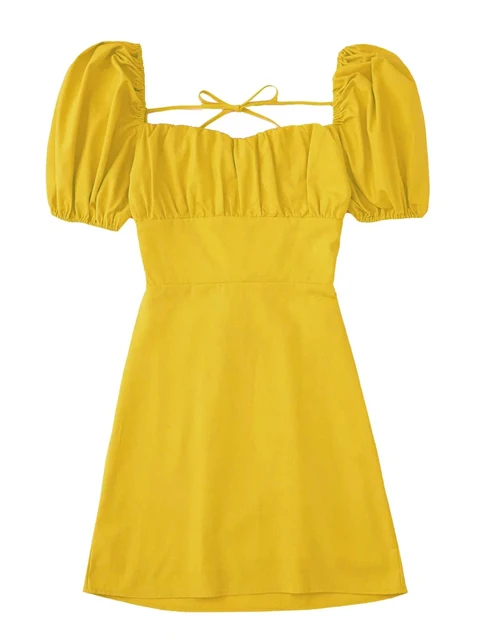 XNWMNZ women white fashion linen blend dress female square neck short puff sleeves backless crossover straps dress for women's yellow