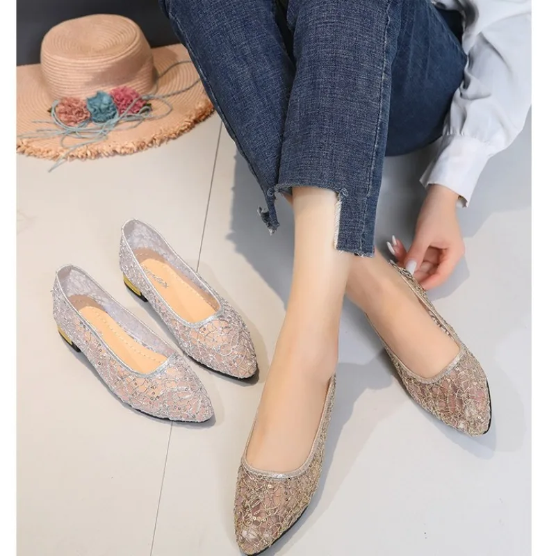 comemore Women Bling Mesh Comfortable Slip on Shoes Dress Soft Comfortable Casual Flats Elegant Summer Autumn Pointed Toe