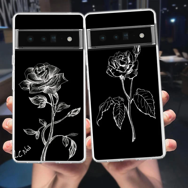 Elegant Black Flower Shockproof Silicone Phone Case – Transparent Protective Cover