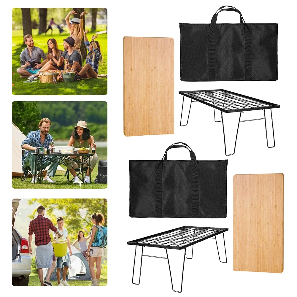 Iron Mesh Camping Table with Bamboo Board for Outdoor Barbecue