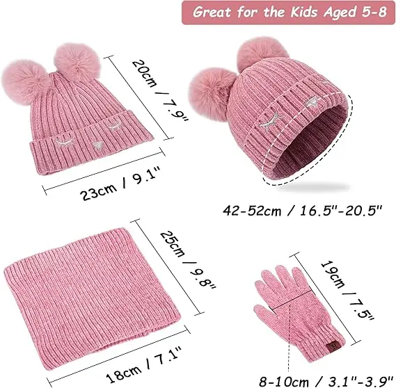 3 Pack Kids Hat Scarf Gloves Sets Winter Warm Pom Beanie Hat Fleece Lined Neck Warmer for Girls Boys 2-6