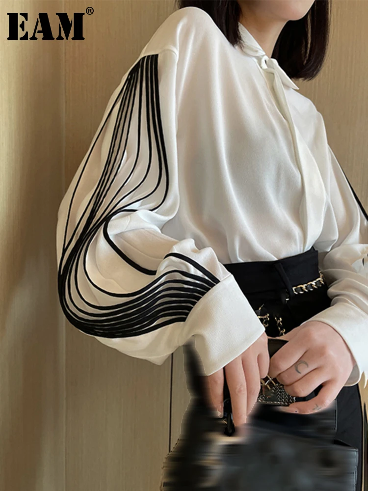 

[EAM] Women White Color-block Big Size Blouse New Lapel Long Lantern Sleeve Loose Fit Shirt Fashion Spring Autumn 2024 1DE8749