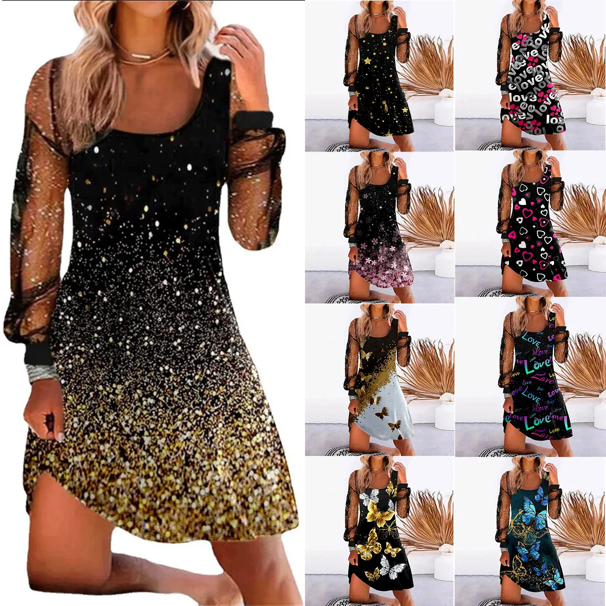 

Women Summer Christmas Print Butterfly Long Sleeve Stitching Mesh Popular Dress