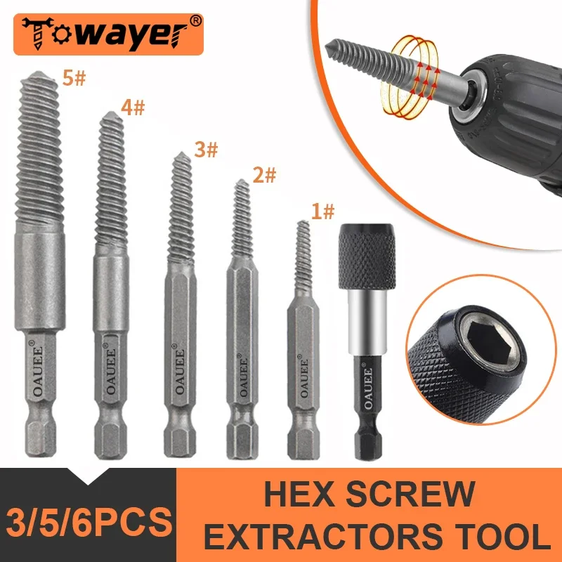 

3/5/6pcs Hex Screw Extractors Tool Center Drill Bits Guide Set Damaged Bolt Remover Removal Tools Speed Easy Out Set Power Tool