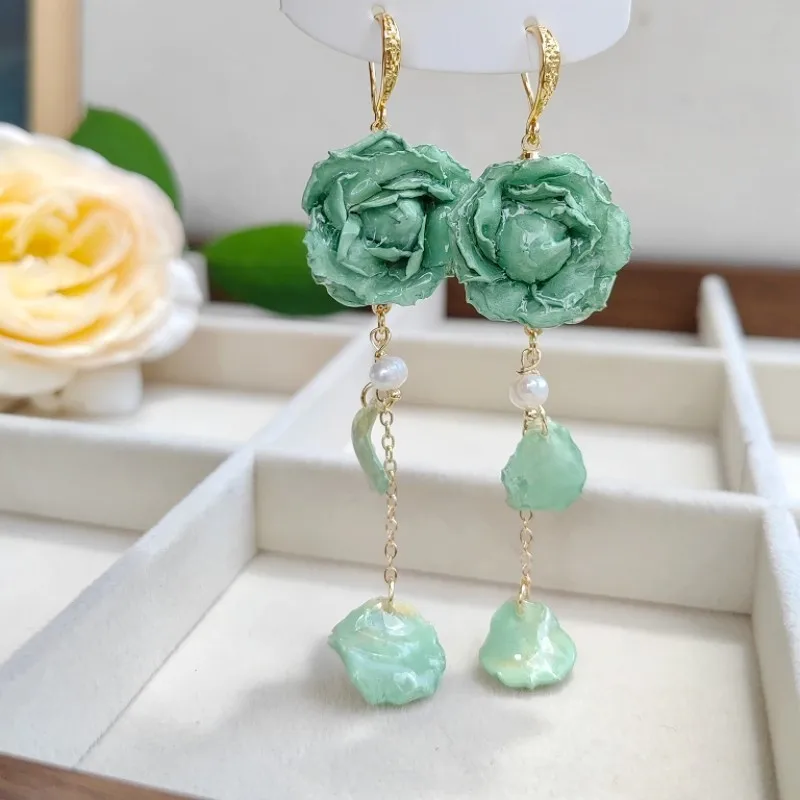 Elegant Immortal Rose Long Earrings Epoxy Resin Real Rose Flower 8
