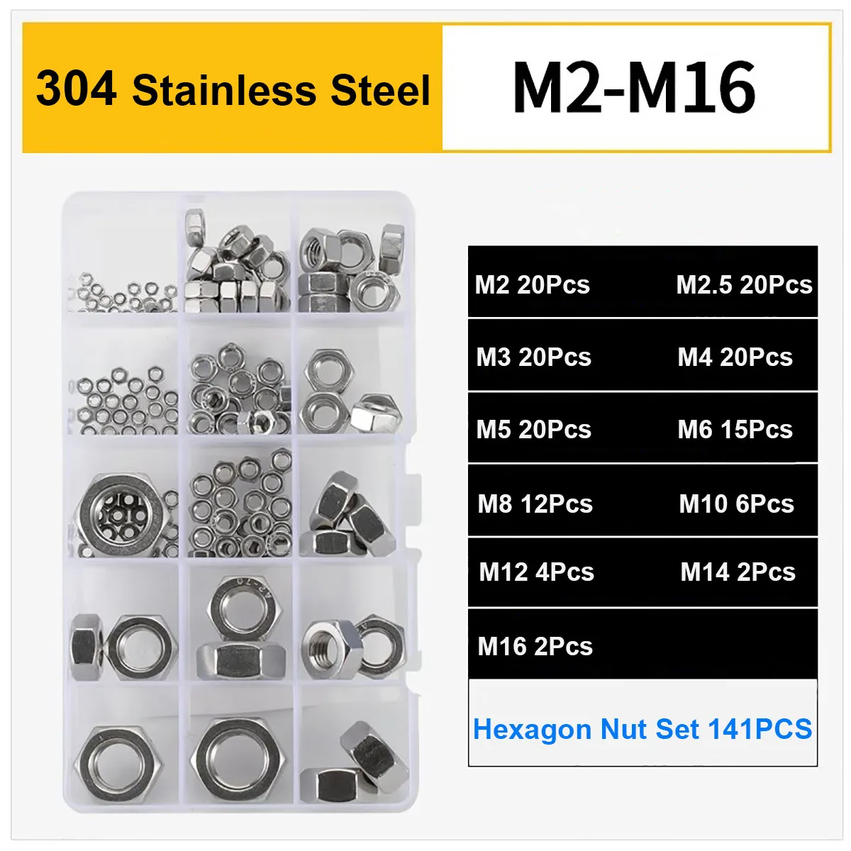

141Pcs M2 M2.5 M3 M4 M5 M6 M8 M10 M12 M14 M16 201/304/316 Stainless Steel DIN934 Hex Hexagon Nut Set Assortment Kit