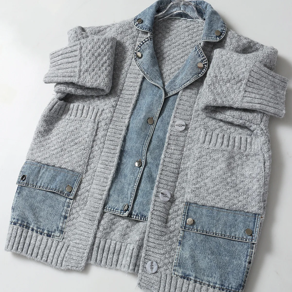 Women Jacket Denim Sweater Thickened Coat Loose Sweater Spliced Fake Two Piece Cardigan