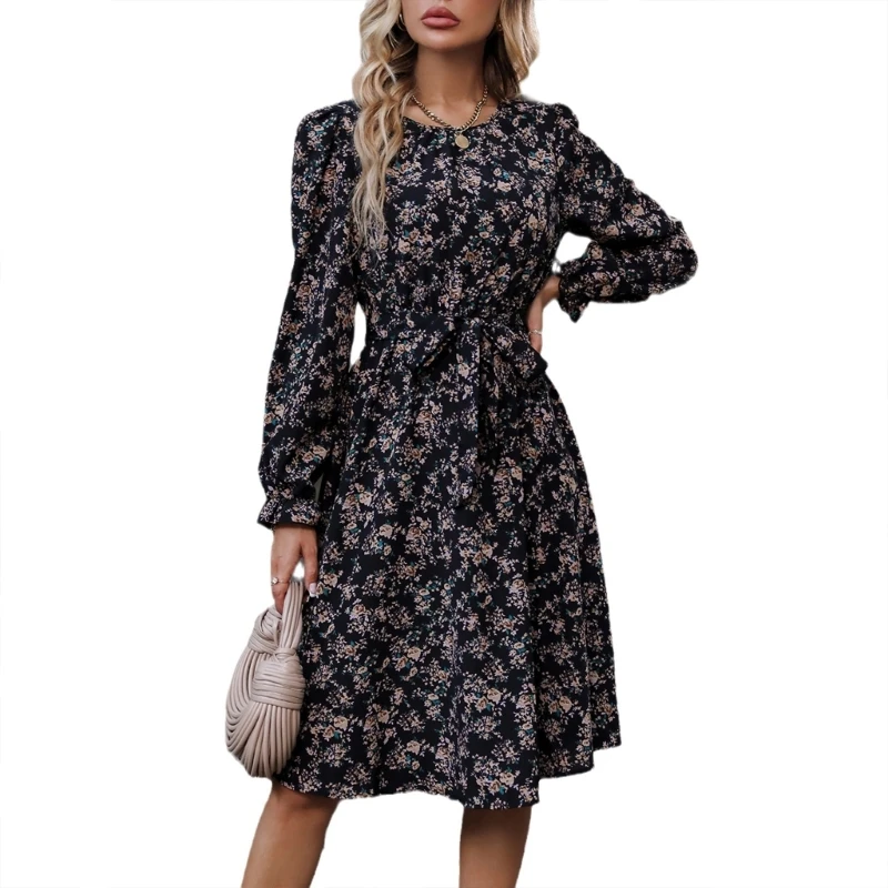 

Women's Neck Long Sleeve Floral Print Flowy A-Line High Waist Midi Dresses