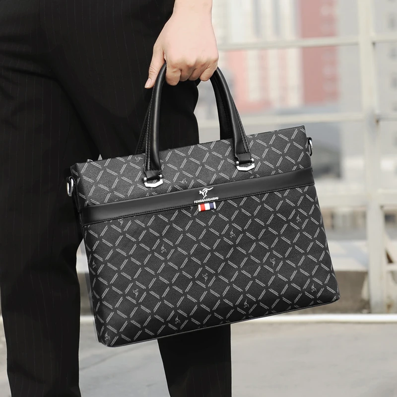 High end black checkered men's briefcase Wear resistant and splash proof laptop bag laptop bags for men  messenger bag men