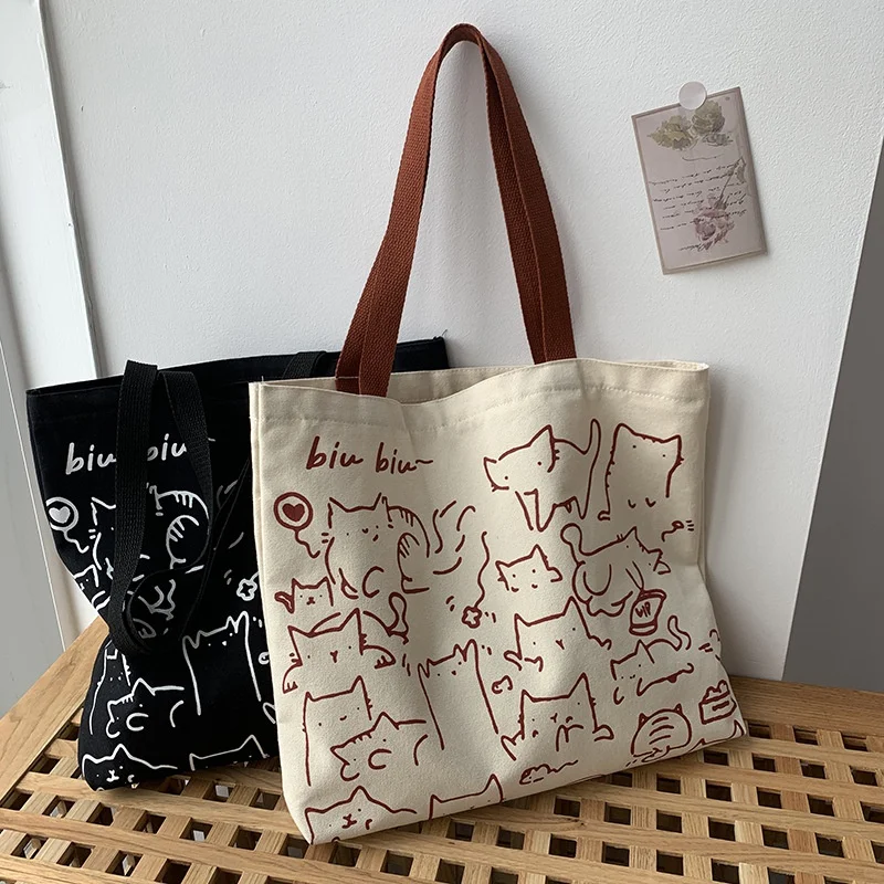Borse di tela borsa per le donne Shopper Cute Cat Tote Bag con cerniera  Designer Bag borse a tracolla piccole in stile giapponese del fumetto -  AliExpress