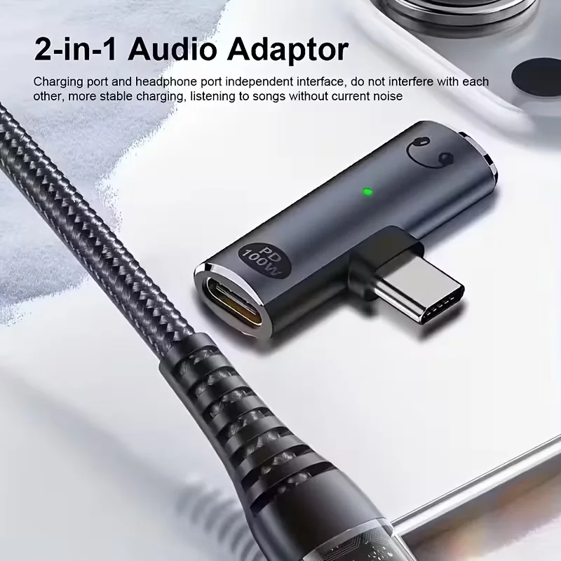 2-in-1 USB C 스플리터(100W 충전 포트 포함), USB C-3.5mm 헤드폰 잭 및 PD 100W 고속 충전 지원(충전 및 음악)
