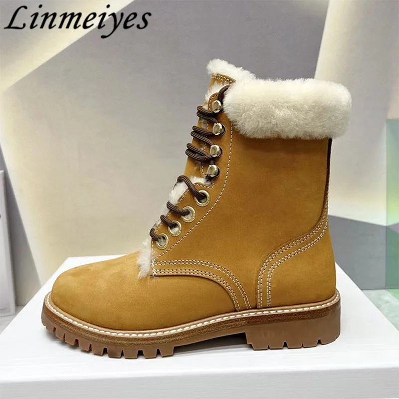 

New Cow Suede Motorcycle Boots Woman Round Toe Lace Up Flat Ankle Boots Women Winter Wool Warm Leisure Short Boots Woman