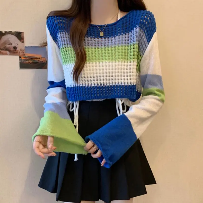 

Yasuk Autumn Female Casual Pullover Women Gentle Simple Soft Knitted Sweater Solid Strap Hollow Out Drawstrings