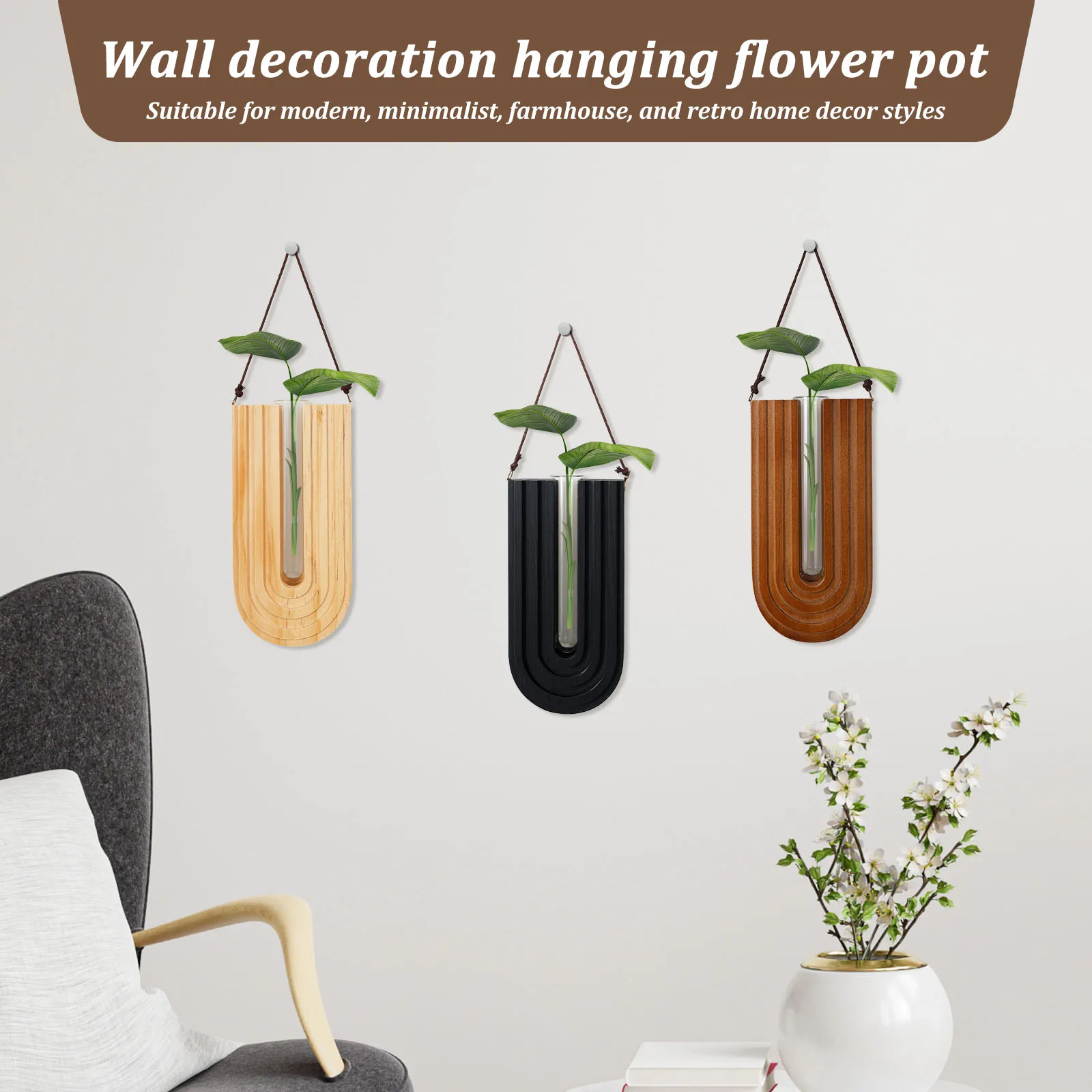 3 Pcs Wooden Flower Vase Elegant Wall Mounted Planter Hydroponic Plant Hanging Vase for Garden Living Room and Home Decoration
