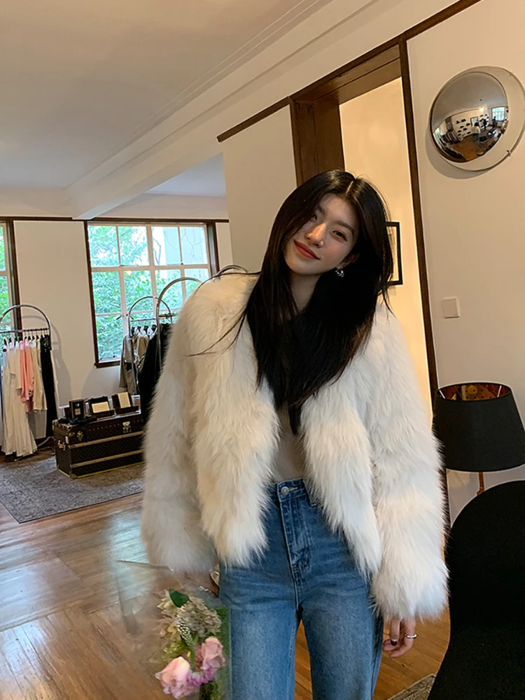 Кожаное меховое пальто женское короткое однотонное плотное теплое пальто с V-образным вырезом и длинным рукавом Осень-зима свободное повседневное модное меховое молодежное