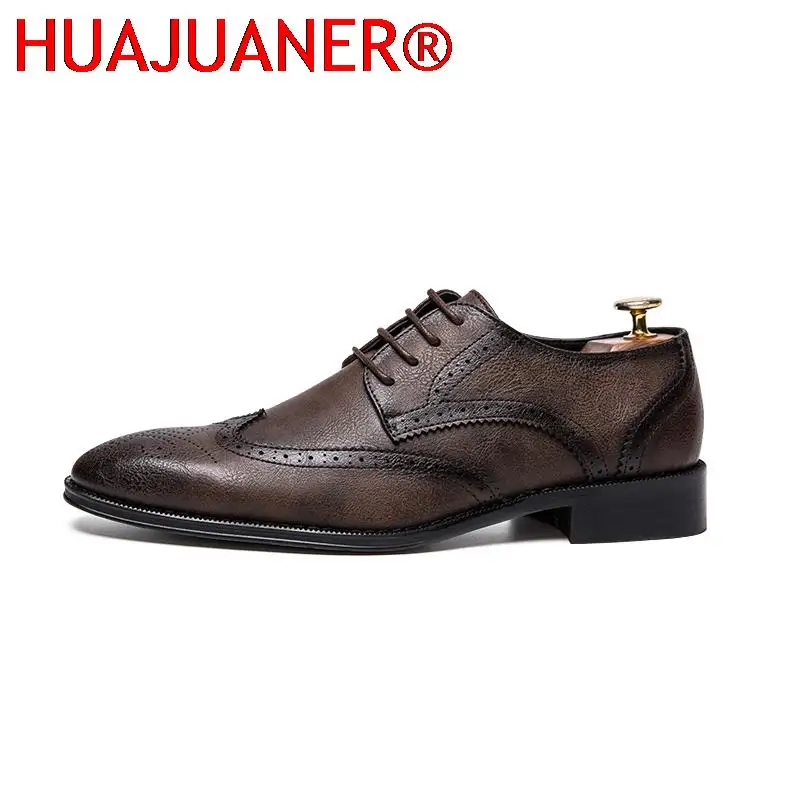 

2023 Brogue Formal Shoes Men Dress Leather Shoes Fashion Men Flats Shoes Genuine Retro Pointed Toe Oxford Male Footwear Zapatos