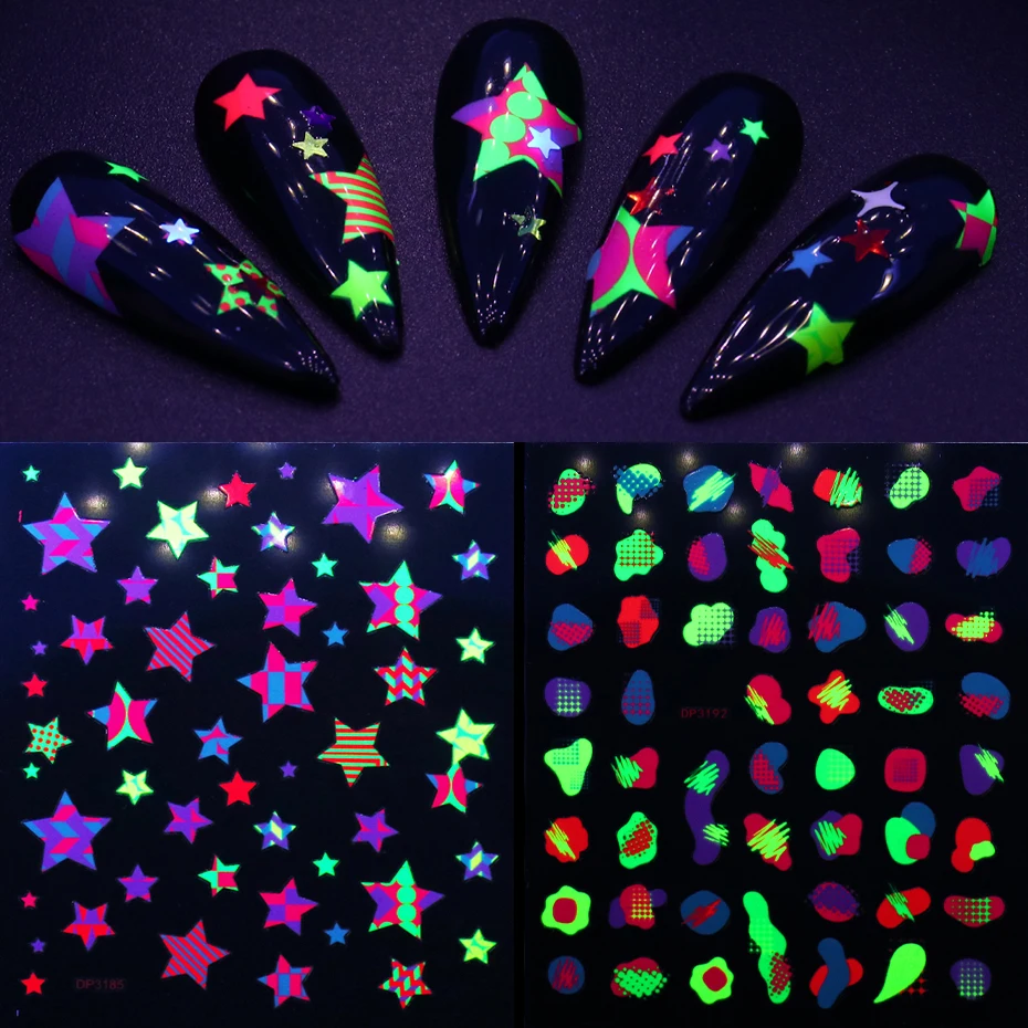 

Luminous 3D Nail Sticker Glow In Dark Fluorescence Adhesive Sliders Star Cute Flowers Geometry Manicure Art Decals BEDP3181-3192