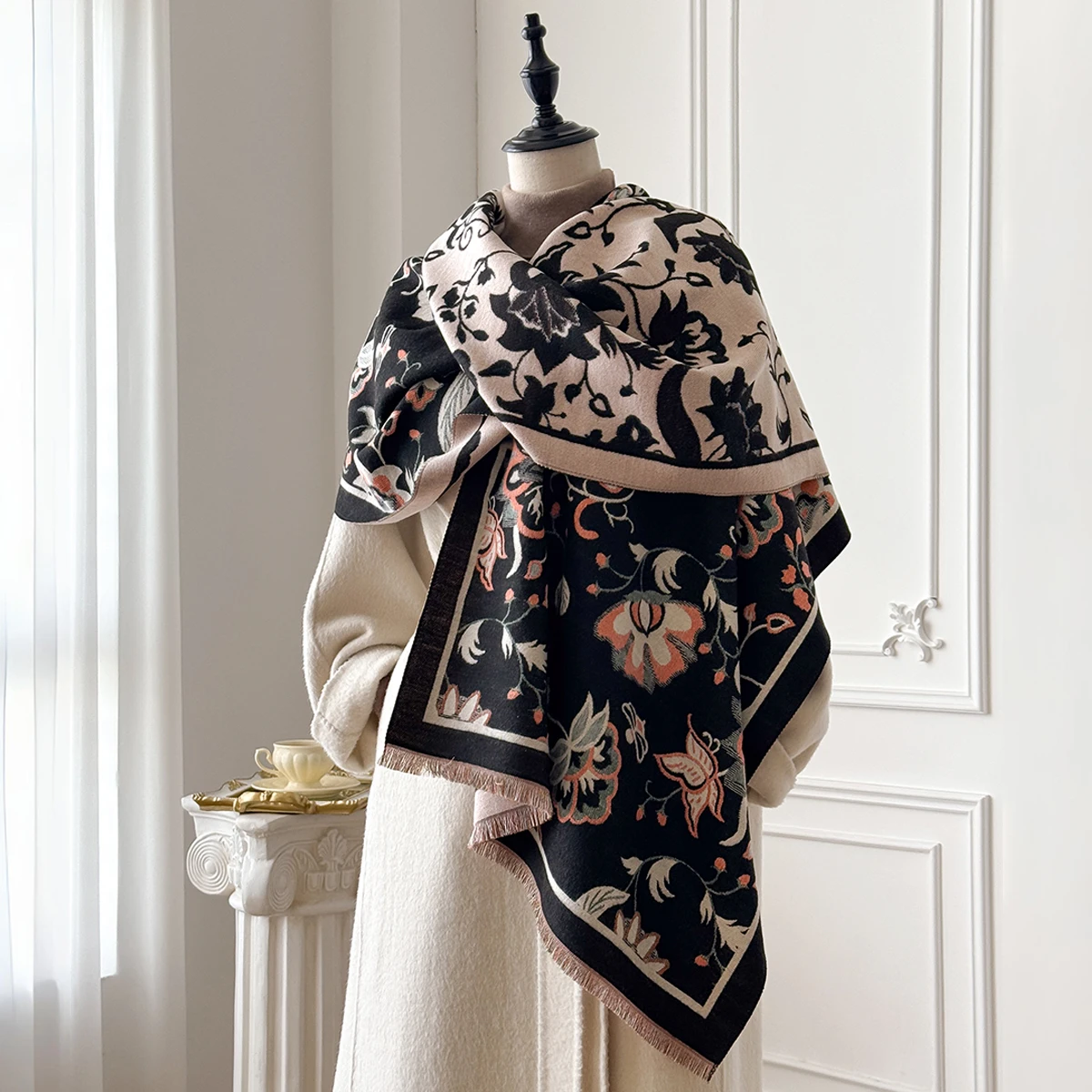 Brand Fashion Winter Cashmere Shawl for Women - Tasseled Vintage Floral Printed Oil Painting Style Pashmina Thick Scarf & Poncho