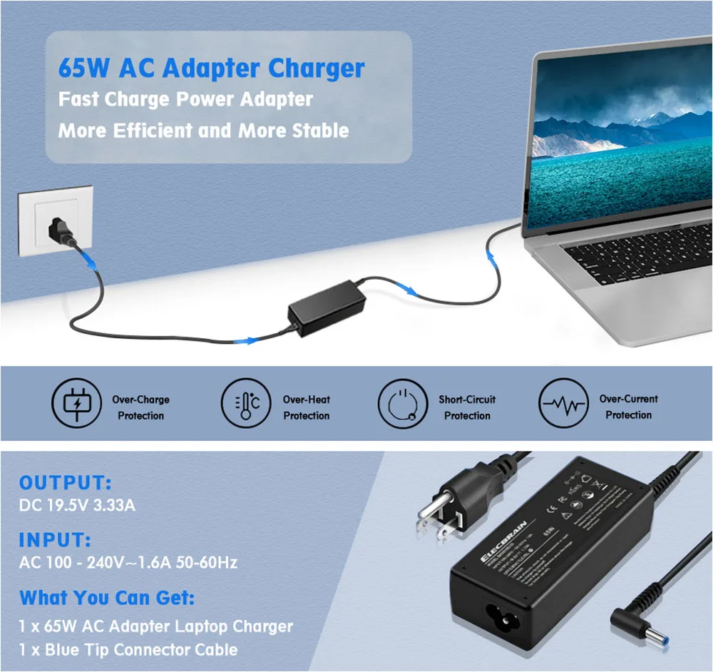 65W Chargeur HP Ordinateur Portable pour HP Elitebook 840 850, Probook 430  440 450, Pavilion x360 11 13 15, Envy 13 15, Stream 11 13 14 HP 250 255 G5