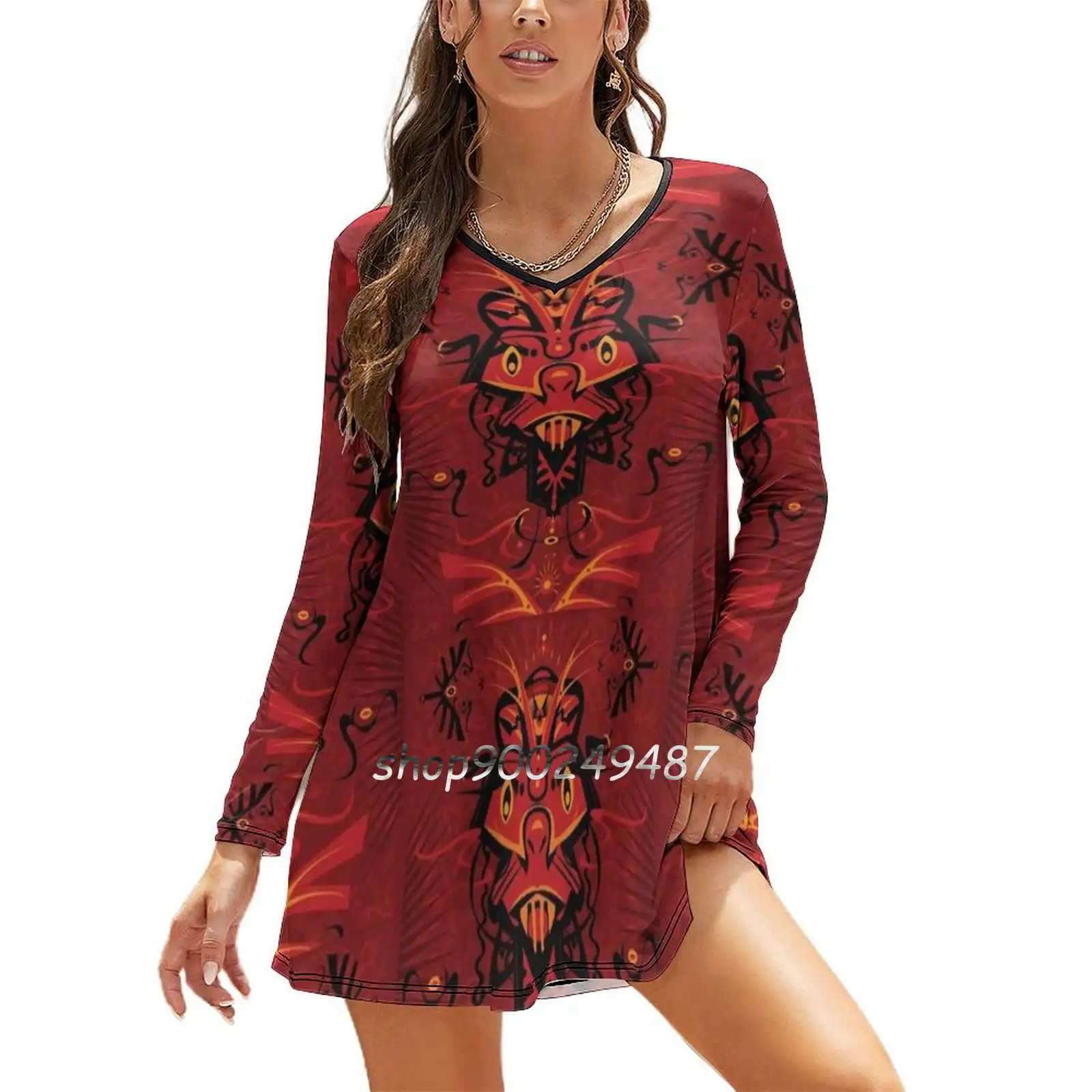 

Shaman Women Casual High Waist Mini Dress Long Sleeve Dress Autumn New Fashion Dress Shaman Japanese Japan Angry Red Shaman