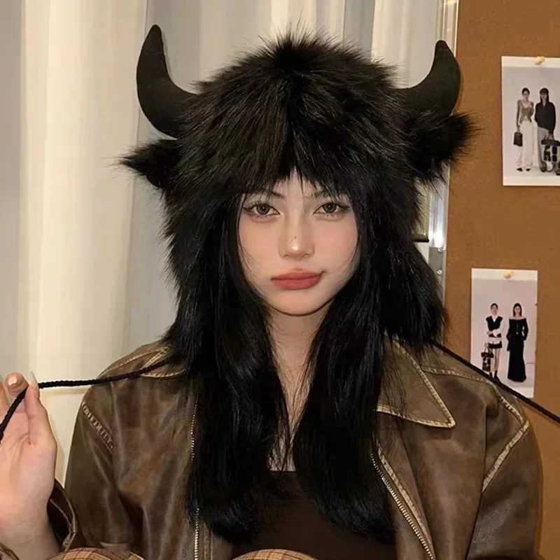 Funny Cow Horn Pullover Hat Winter Thickened Warm Fur Hat Ear Bomber Ear Protection Women Men Cosplay Accessories
