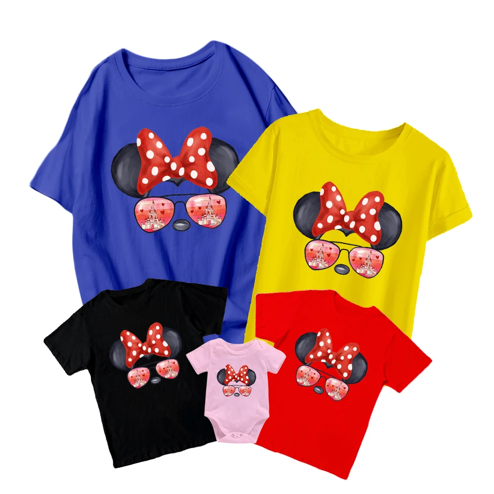 

Cute Minnie Mouse Disney T-Shirt Fashion Wearing Sunglasses Series Baby Romper Kids Top Family Matching Adult Unisex Casual