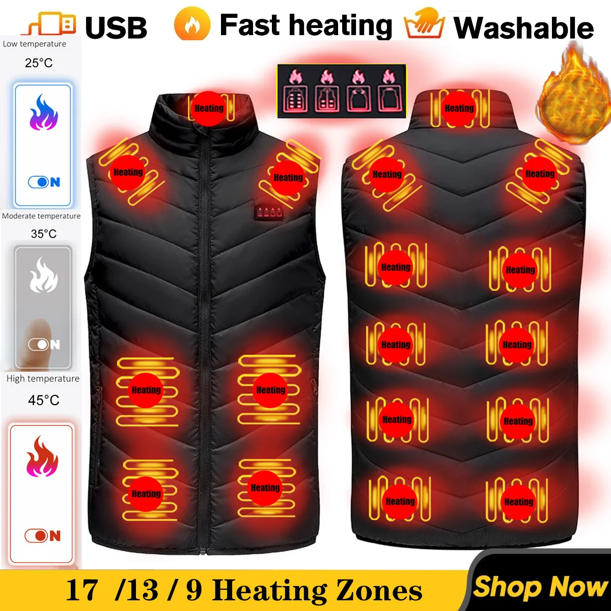 

17/11 Places Heated Vest Men Women Usb Heated Jacket Heating Vest Thermal Clothing Hunting Vest Winter Heating Jacket BlackS-6XL