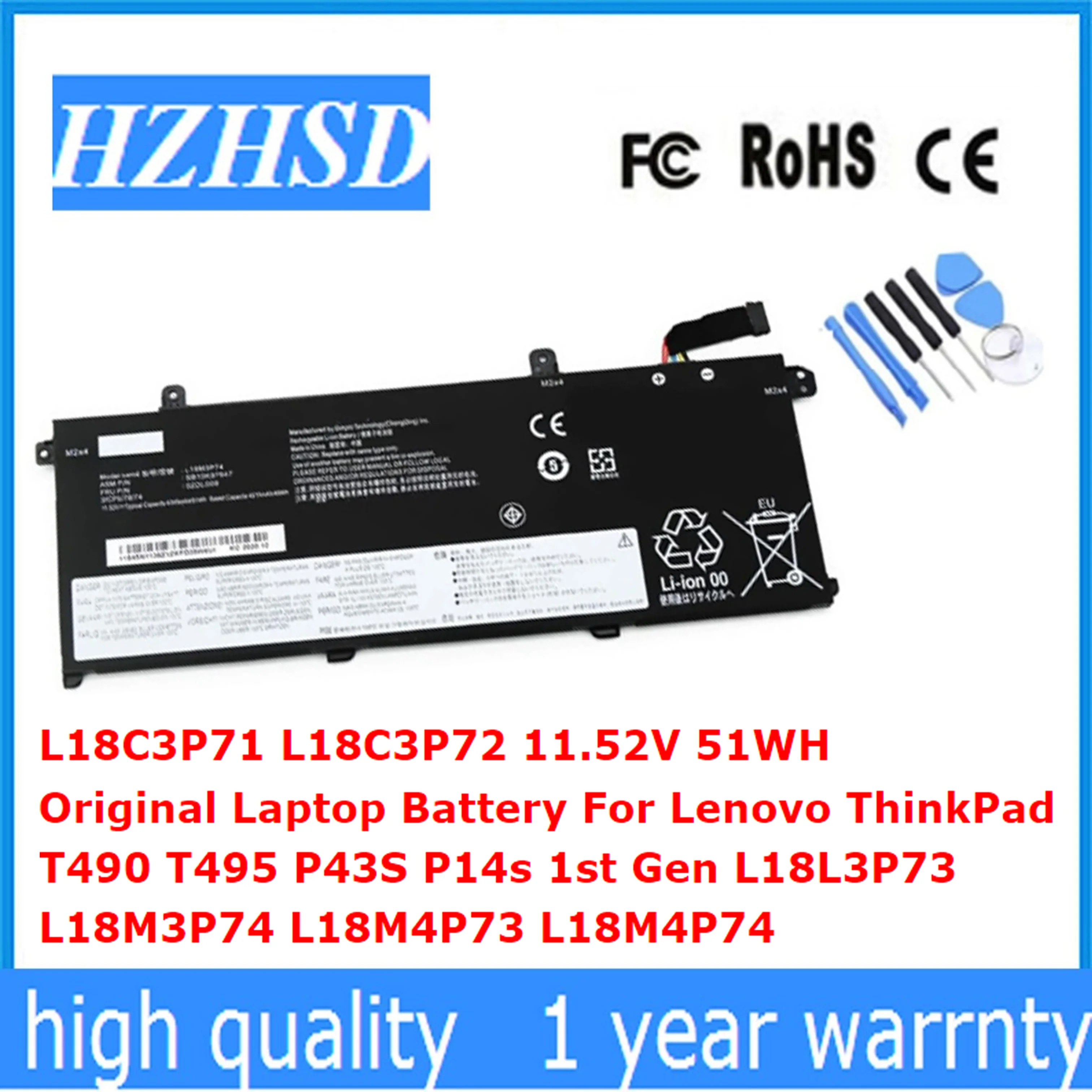 

L18C3P71 L18C3P72 11.52V 51WH Original Laptop Battery For Lenovo ThinkPad T490 T495 P43S P14s 1st Gen L18L3P73 L18M3P74 L18M4P73