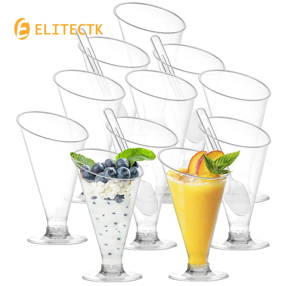 50 Pack Clear Dessert Cups with Spoons, 5 oz Disposable Plastic Champagne Flutes Cocktail Glasses, Reusable Parfait Appetizer