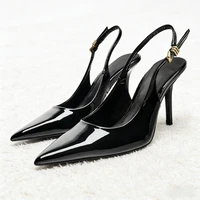 Sexy Black Pointed Toe Patent Leather Pumps Women Luxury Metal Ankle Strap Buckle Brand Designer Shoes Cozy Commuter Office Shoe
