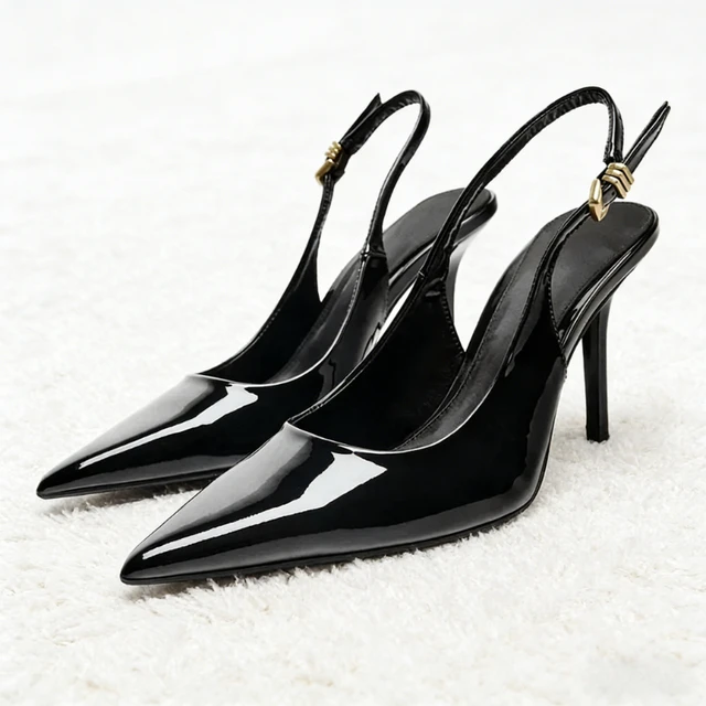 Sexy Black Pointed Toe Patent Leather Pumps Women Luxury Metal Ankle Strap Buckle Brand Designer Shoes Cozy Commuter Office Shoe