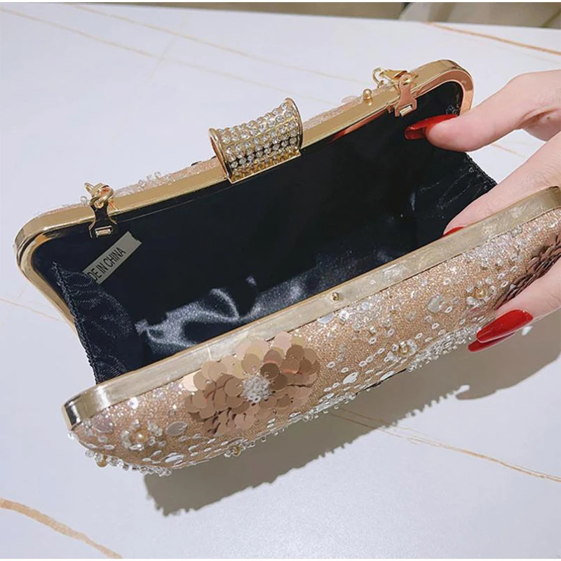 Embroidered Sequins Beads Evening Handbags for Women Crystal Diamond Wedding Bridal Clutches Purse Shoulder Chain Messenger Bag